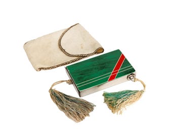 Vintage Art Deco Green and Silver Tone Metal Compact with Tassels, Carry All Case with Lipstick and Mirror