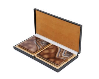 Vintage Boxed Compact and Cigarette Holder Set, Brown Agate Look Metal, German