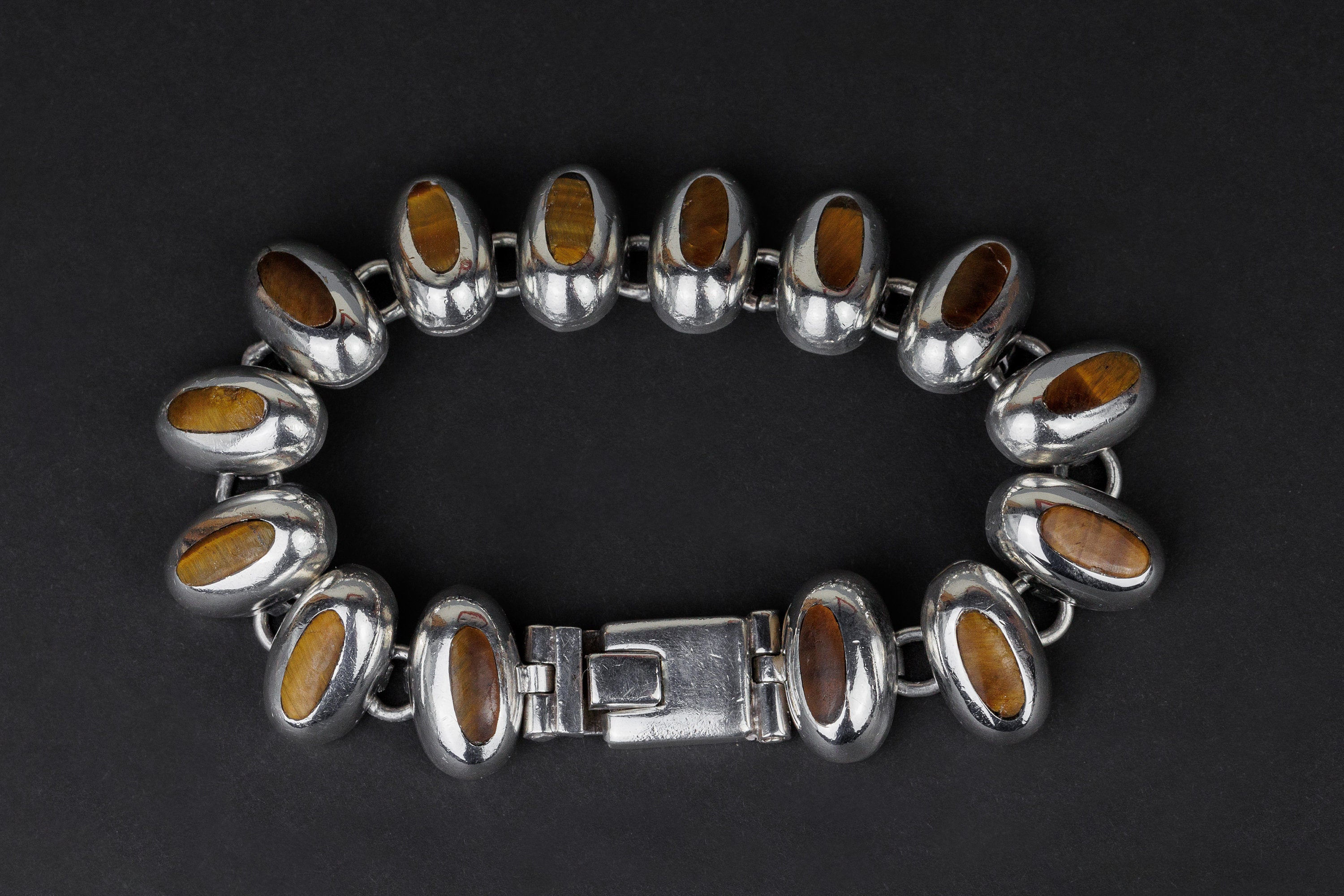 Vintage Heavy Silver Mexican Tigers Eye Bracelet, Stamped