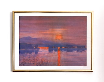 Large Vintage Fritz Hierl Lithograph of a Colourful Sunset, numbered 54/89, 1978, Gilt Wooden Framed Print