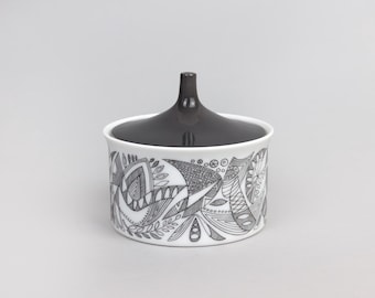 Vintage Mid Century Rosenthal German Ceramic Lidded Sugar Bowl, Zehlendorf 4041 White and Grey Porcelain, Cuno Fischer