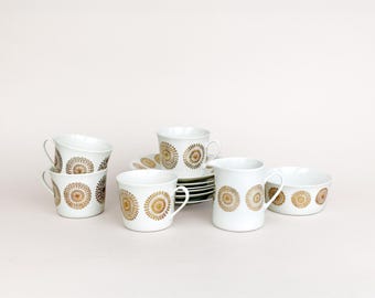 Mid Century Norwegian Porsgrund Porcelain Gold Gilt Coffee Set, 4x Cups and Saucers, and Milk Jug and Sugar Bowl