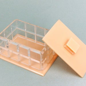 Vintage Art Deco Style Clear and Pale Peach Early Plastic Rectangular Lidded Trinket Vanity, Jewellery Box, Retro Lucite image 7