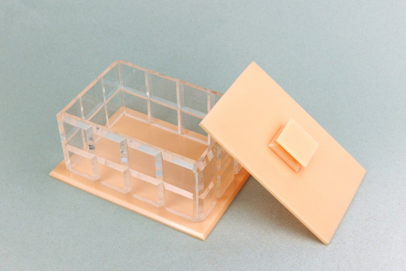 Vintage Art Deco Style Clear and Pale Peach Early Plastic Rectangular Lidded Trinket Vanity, Jewellery Box, Retro Lucite image 7