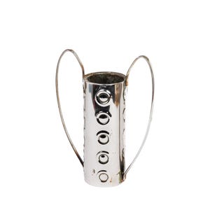 Vintage Arts and Crafts Silvertone Metal Plated Vase with Large Looped Handles, Raised Circular Design, 17cm High