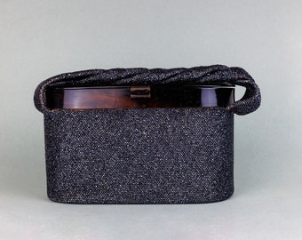 ヴィンテージブラックフローラルビーズハンドバッグ - ハンドメイド菊