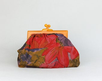 Vintage Art Deco Orange Lucite Evening Bag with Abstract Floral Printed Fabric, Cloth Purse in Navy, Magenta and Olive Green