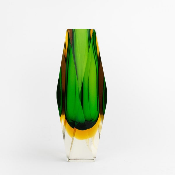 Vintage Murano Sommerso Faceted Glass Vase, 60s Italian Green and Yellow Glass, Mid Century Vase