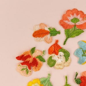Collection of 12 Vintage Embroidered Flower Appliques in Peach Pink and Yellow, Silk Floral image 5