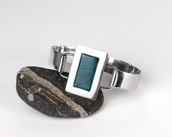 Vintage Silver Modernist Chrysocolla Bangle Bracelet 925, Buckle Style Design, Mid Century Jewellery, Green Stone