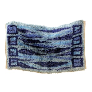 Vintage Blue Hand Knotted Swedish Rug 60s 70s Abstract Design, High Pile Shag Rya Rug, Mid Century Textile