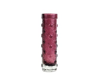 Vintage Mid Century Aubergine Purple Cylindrical Textured Vase, Tamara Aladin, Riihimaki Glass 1960’s Model 1496, Finnish Studio Glass 22cm