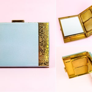 Vintage Art Deco Goldtone and Light Blue Metal Rectangular Demi Carry All Dance Case, Minaudière Clutch Purse 30s 50s