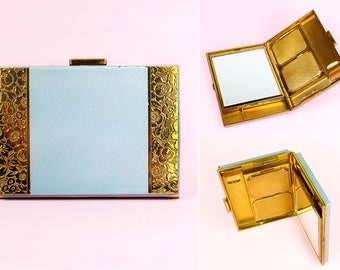 Vintage Art Deco Goldtone and Light Blue Metal Rectangular Demi Carry All Dance Case, Minaudière Clutch Purse 30s 50s