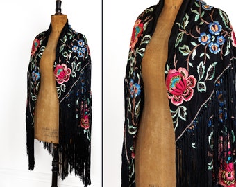 Vintage Black Silk Piano Shawl, Heavily Embroidered, Polychrome Flowers, Art Deco, Fringed Wrap