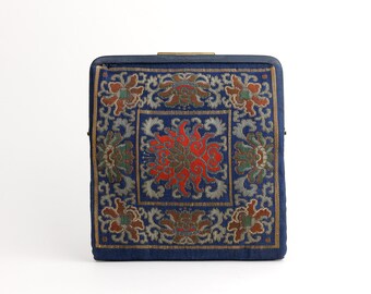 Vintage Blue Chinese Woven Fabric and Leather Clutch Bag, Chrysanthemum Flower Design, Internal Coin Purse