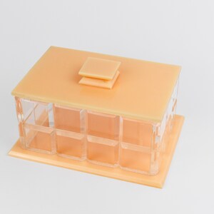 Vintage Art Deco Style Clear and Pale Peach Early Plastic Rectangular Lidded Trinket Vanity, Jewellery Box, Retro Lucite image 5