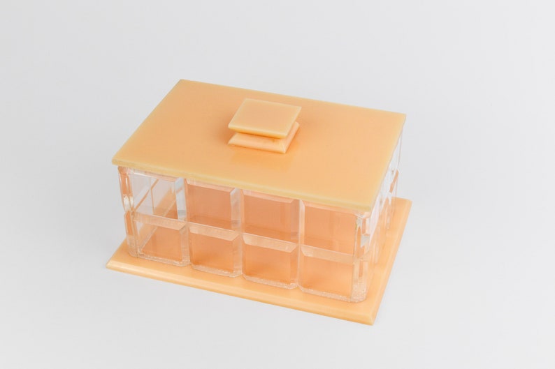 Vintage Art Deco Style Clear and Pale Peach Early Plastic Rectangular Lidded Trinket Vanity, Jewellery Box, Retro Lucite image 5