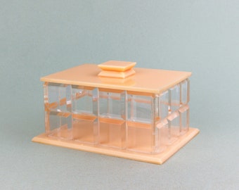 Vintage Art Deco Style Clear and Pale Peach Early Plastic Rectangular Lidded Trinket Vanity, Jewellery Box, Retro Lucite