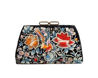 Vintage Black Silk Embroidered Chinoiserie Bag, Fabric Purse, Metal Frame, Art Deco Clutch, Floral, Birds, 20s, 30s