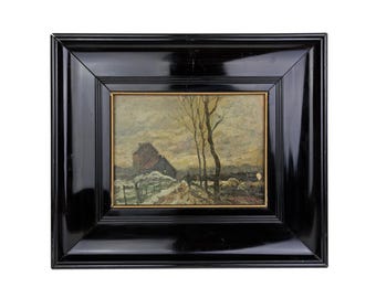 Antique Carl Fey Oil Painting Early 20th Century Oil on Board Winter Country Landscape Scene, Black Laquered Wood Frame