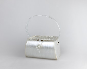 Vintage White Pearlised Lucite Bag with Brass Accents and Clear Plastic Lid and Handle, 50s Handbag