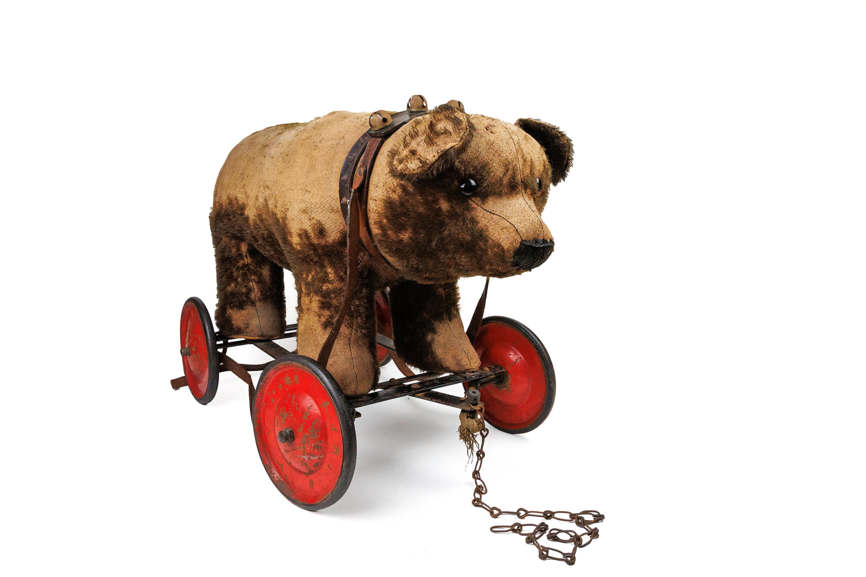 Large Antique 1920s Brown Mohair Bear on Wheels, Pull Along