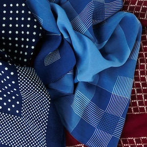 3x Vintage Cotton and Silk, Red and Blue Polka Dot and Check Scarves, Early to Mid 20th Century Textile