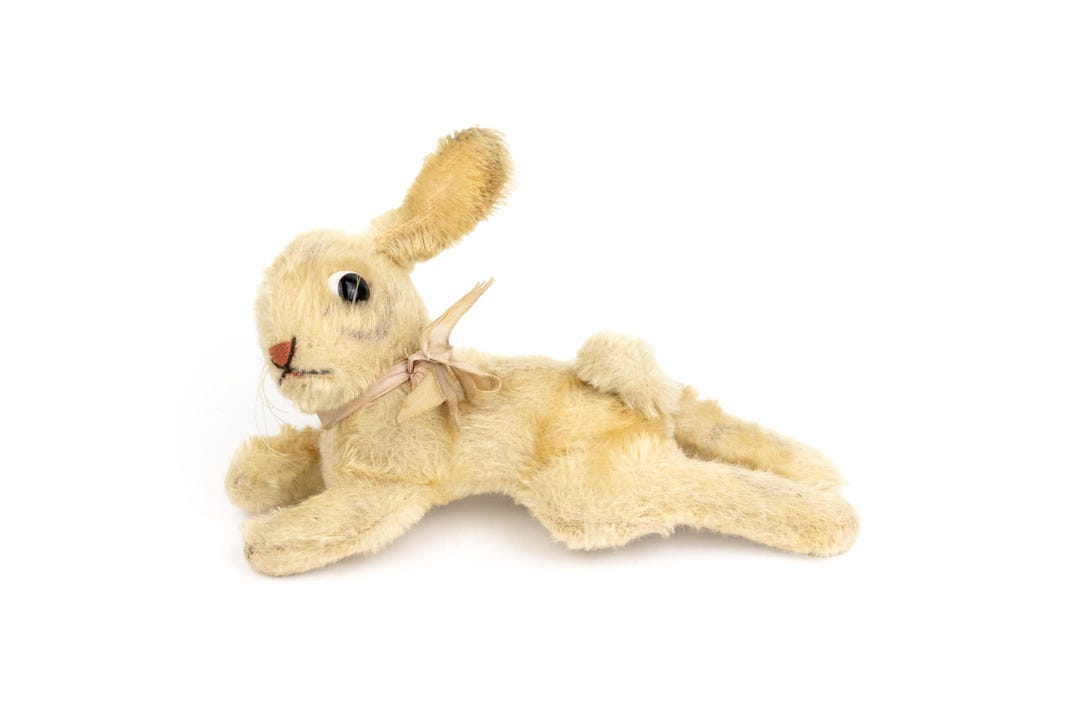 Gallery Detail: Small Vintage Steiff Lying Mohair Toy Rabbit Whiskers Glass Eyes