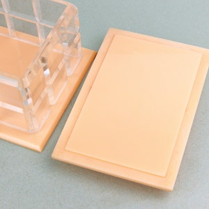 Vintage Art Deco Style Clear and Pale Peach Early Plastic Rectangular Lidded Trinket Vanity, Jewellery Box, Retro Lucite image 8