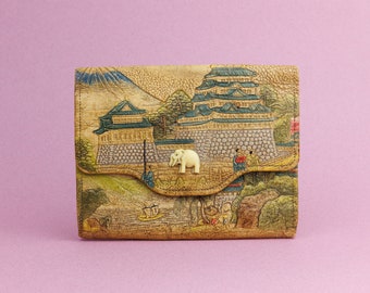 Vintage Japanese Polychrome Leather Bag Clutch Early 20th Century, Views of Mountains and Temple, Decorative Painted Scenes