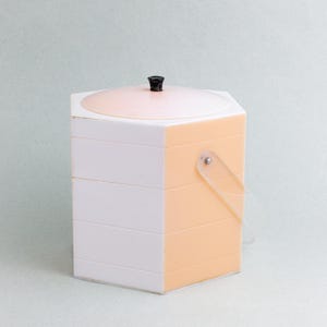Vintage Retro Art Deco Style Biscuit Cookie Jar, Pale Peach and White Early Plastic Kitchenware, Lidded Container with Handle