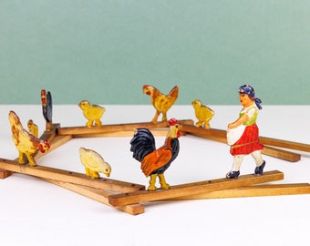 Unusual Vintage Erzgebirge Wooden Scissor Toy, Expanding Toy Lady with Chickens, German Painted Early to Mid 20th Century