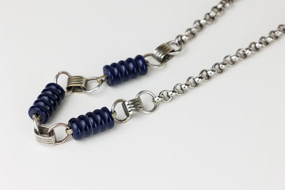 Vintage Art Deco Machine Age Necklace 1930s Jakob Bengel Style, Early Plastic Bakelite Dark Blue Cylinder Beads, Decorative Silver Metal View 3