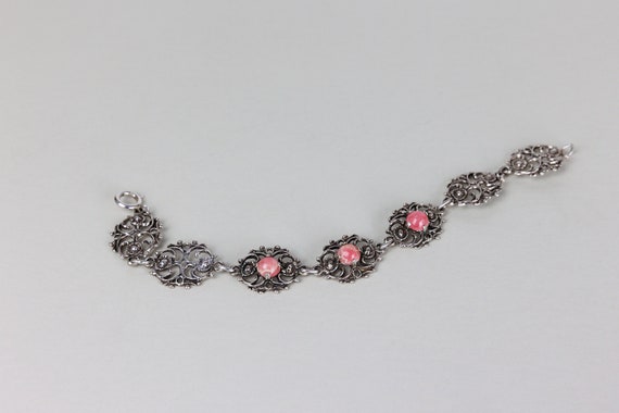 Vintage German Silver Link Bracelet, Rhodochrosit… - image 1