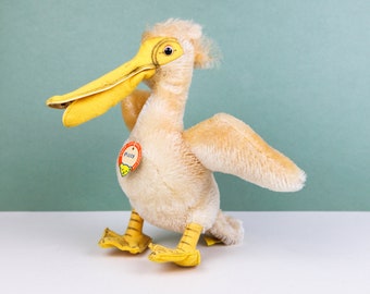 Rare Collectable Vintage Steiff Pelican Piccy, with Chest Shield, Ear Flag and Button, 1325.00, German Mid Century Plush Bird Toy