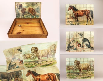 Bloques de madera antiguos de animales, de estilo victoriano, de 6 caras, en caja original con láminas de imágenes. Rompecabezas de juguete con forma de gato, perro, caballo y burro.