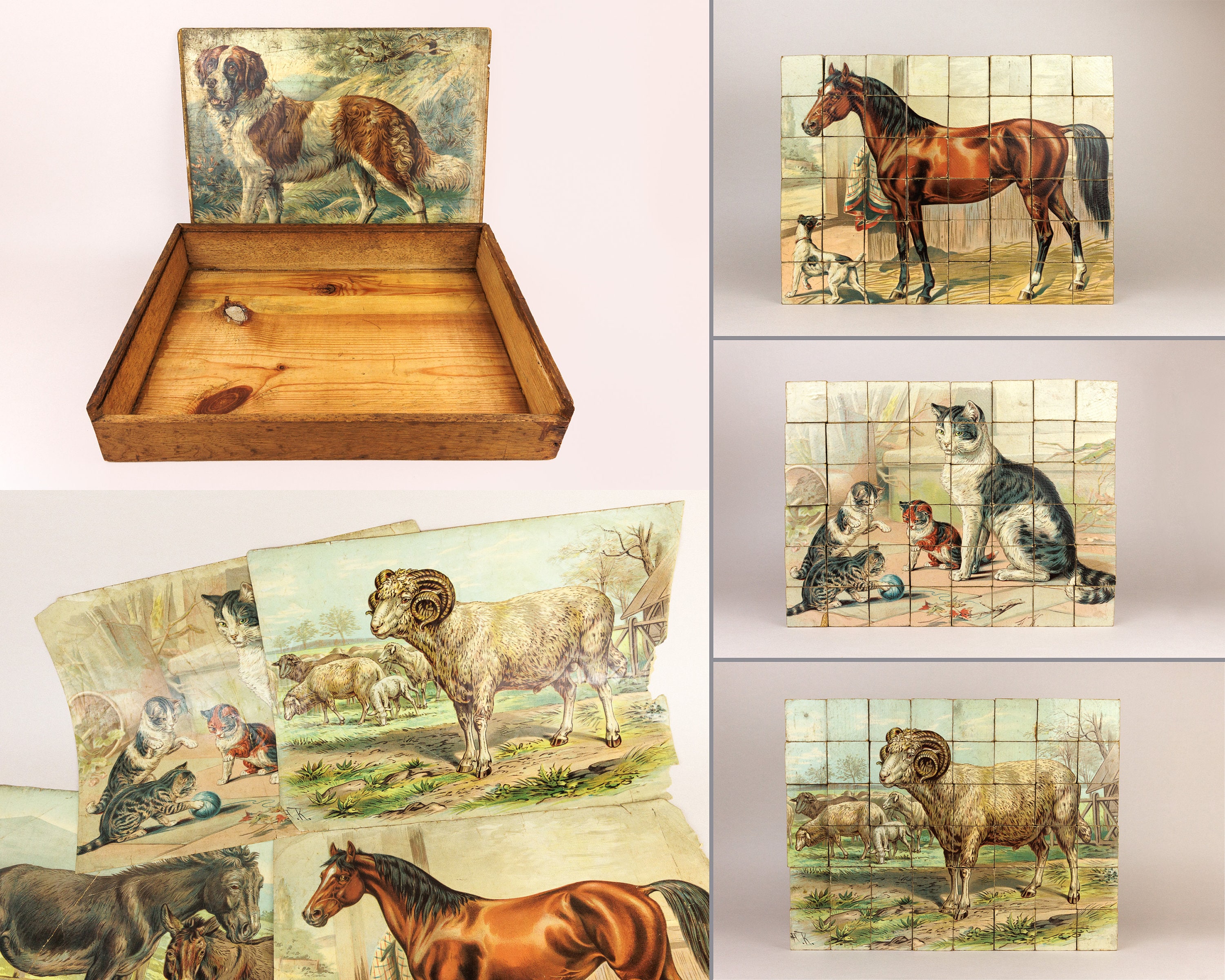 トールペイント作品Antiques & Collectibles Antique Victorian 6 Sided Litho Wooden Animal Blocks, in Original