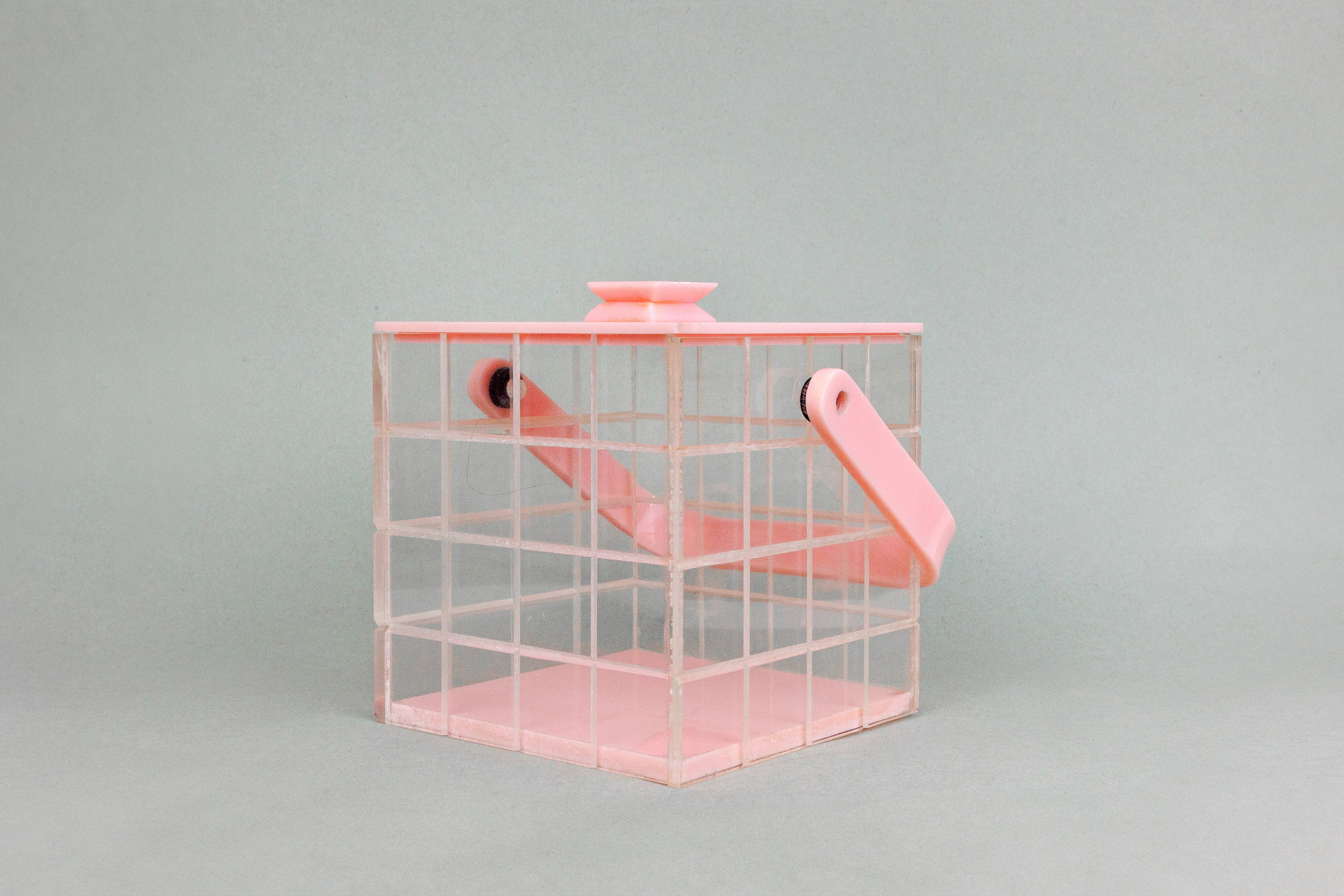 Vintage Art Deco Style Clear and Pale Pink Early Plastic Square Lidded Box with Handle, Retro Lucite, Storage, Biscuit Barrel