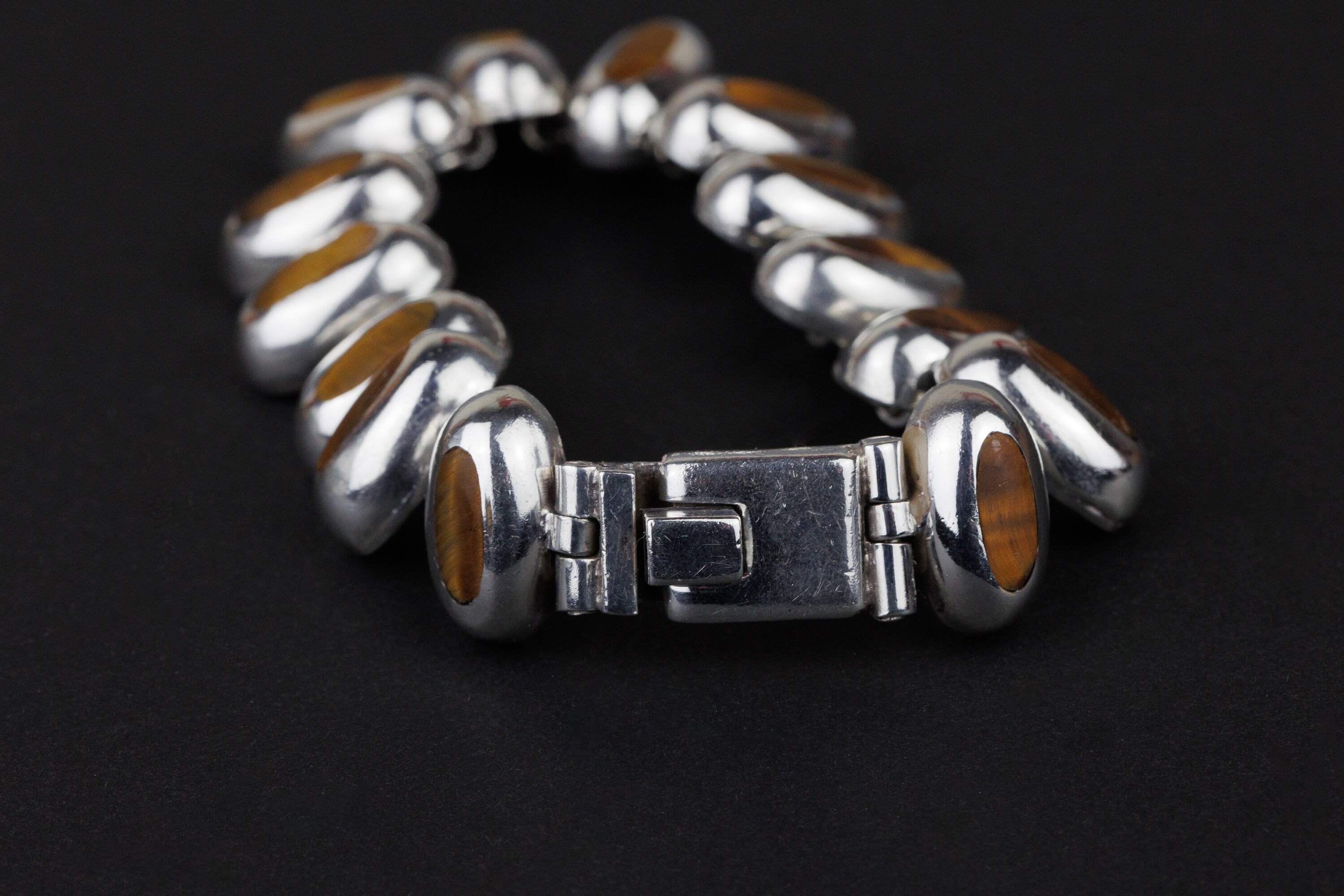 Vintage Heavy Silver Mexican Tigers Eye Bracelet, Stamped
