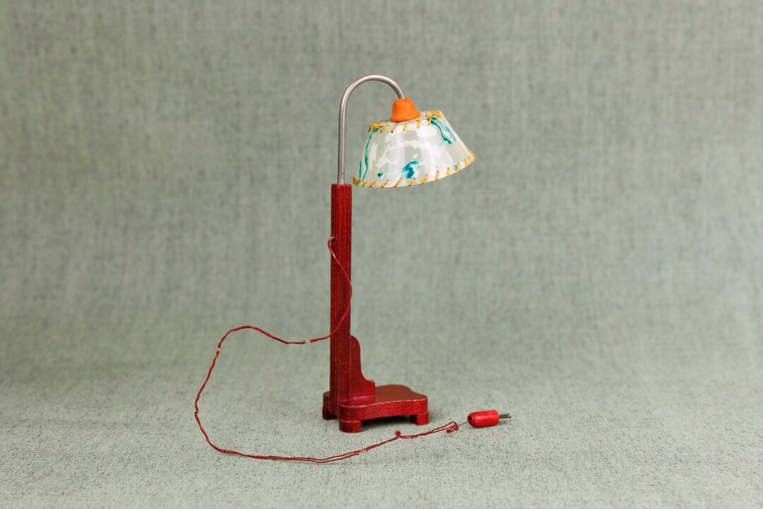Vintage Dollhouse Floor Lamp, Red Painted Wooden Base, Silver Metal
