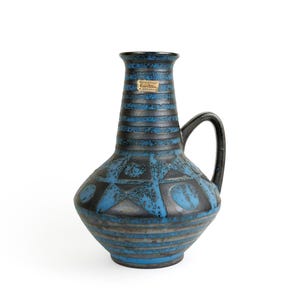 Large Vintage Blue and Black Ankara Tönnieshof Carstens West German Ceramic Handled Vase 1507-27, Mid Century Pottery, Retro, with Label