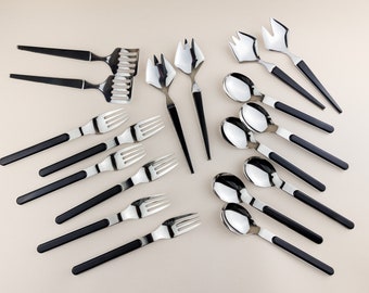 18 Piece Vintage BSF Stainless Steel 18/8 "Primavera Noir" Series, Forks, Spoons and Servers, Modern, Black Handles, Retro Cutlery Set