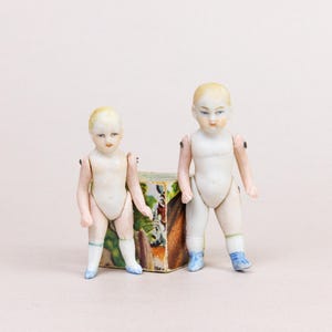 2x Miniature Antique Bisque Dollhouse Boy Dolls, with Painted Features and Pin Jointed Limbs, Vintage Victorian Toy