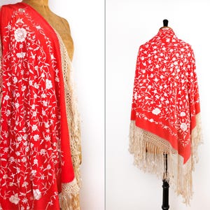 Vintage Early 20th Century Red Silk Piano Shawl, Heavily Embroidered, Cream Flowers, Fringed Wrap