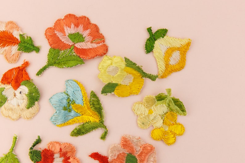 Collection of 12 Vintage Embroidered Flower Appliques in Peach Pink and Yellow, Silk Floral image 3