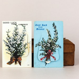 Antike Souvenir-Postkarte, Heather Bouquet Britische Grußkarten, Camberley Bristol „Good Luck From“ Ausklappbare Broschüre, einzeln erhältlich