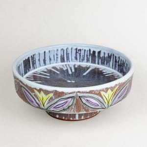 Vintage Mid Century Laholm Swedish Ceramic Pedestal Bowl, 1950s Scandinavian Ceramic Footed Dish, Tazza