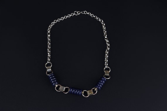 Vintage Art Deco Machine Age Necklace 1930s Jakob Bengel Style, Early Plastic Bakelite Dark Blue Cylinder Beads, Decorative Silver Metal View 5