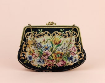 Vintage Black Floral Needlework Bag, Brass Metal Frame and Closure, Chain Handle, Tapestry Purse